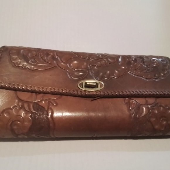 Rose Of Mexico Lether Cluch Purce Brown Carved Lether Vintage Rm1 - Picture 3 of 4